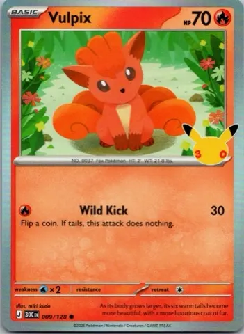 Vulpix Pokémon card, 30th Celebration number 009/128