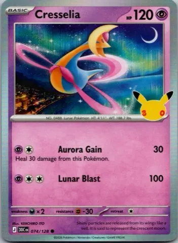 Cresselia Pokémon card, 30th Celebration number 074/128