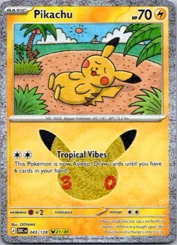 Pikachu Pokémon card, 30th Celebration number 043/128