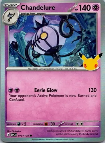 Chandelure Pokémon card, 30th Celebration number 075/128