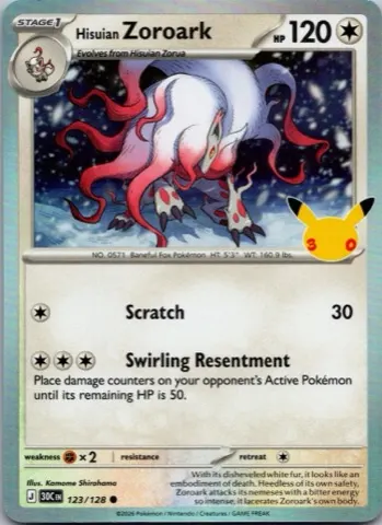 Hisuian Zoroark Pokémon card, 30th Celebration number 123/128