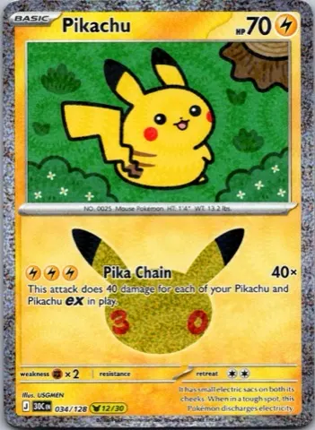 Pikachu Pokémon card, 30th Celebration number 034/128