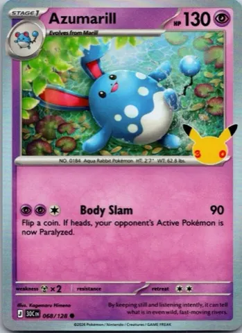 Azumarill Pokémon card, 30th Celebration number 068/128