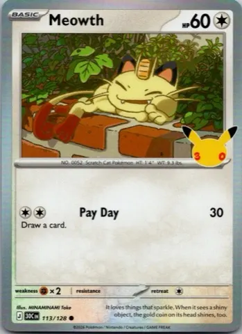 Meowth Pokémon card, 30th Celebration number 113/128