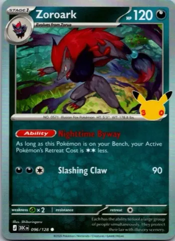 Zoroark Pokémon card, 30th Celebration number 096/128