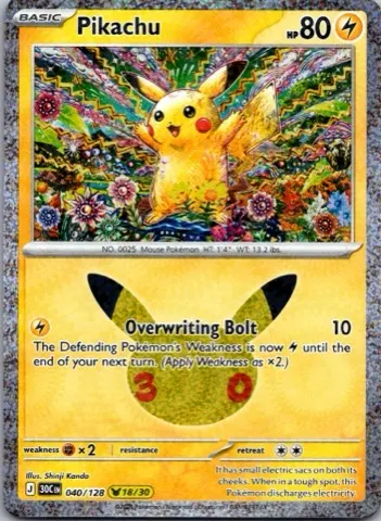 Pikachu Pokémon card, 30th Celebration number 040/128