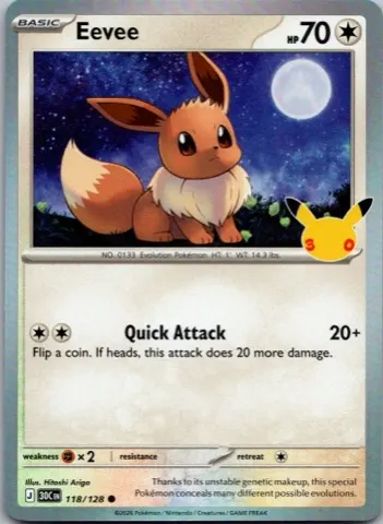 Eevee Pokémon card, 30th Celebration number 118/128